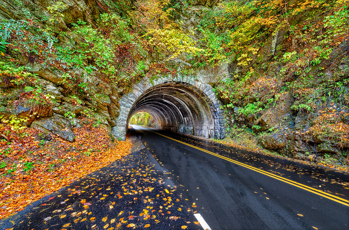 A landmark Smoky Mountains tunnel, which lies between Townsend, Tennessee and Cades Cove, is surrounded by a show of Autumn colors.