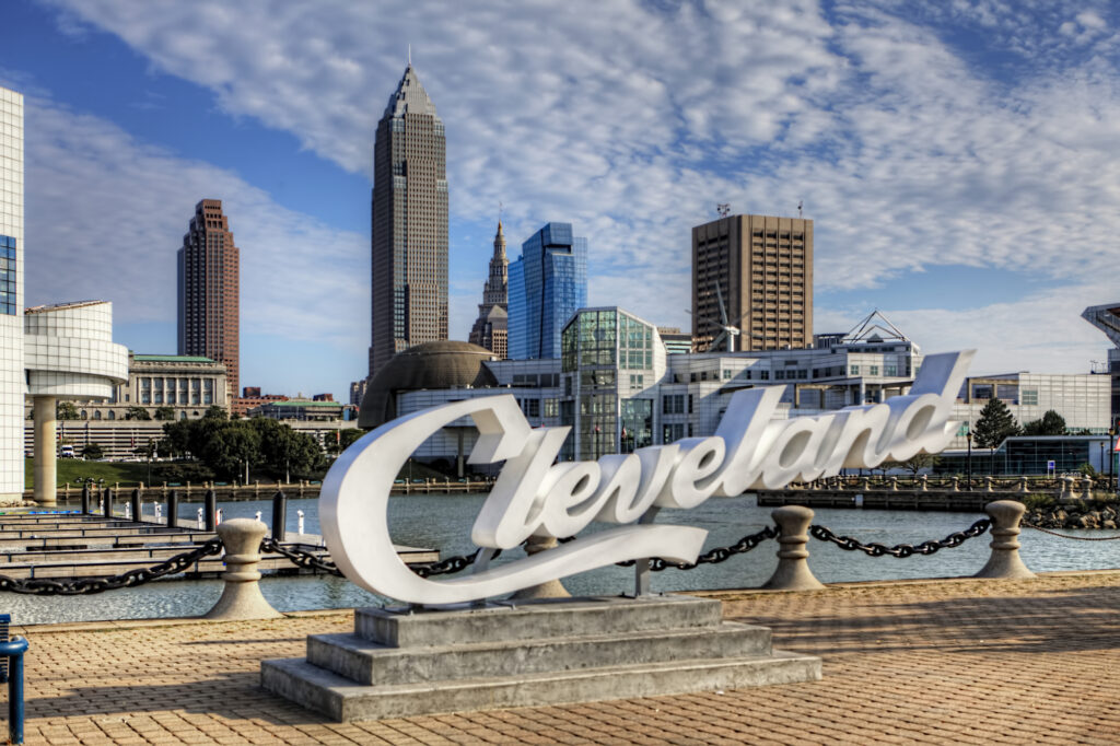 A View of Cleveland lettering in front of skyline