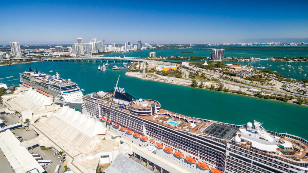 Miami aerial skyline with port and cruise ships, Florida - USA.