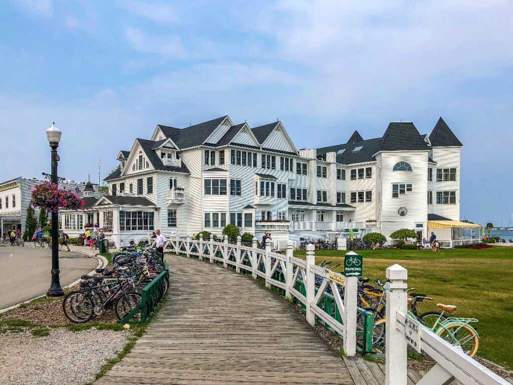 MACKINAW ISLAND, MI - JULY 2019: Named Condé Nast Traveler’s “Best Small Hotel in the World” for three consecutive years, the Hotel Iroquois on Michigan’s breathtaking Mackinac Island