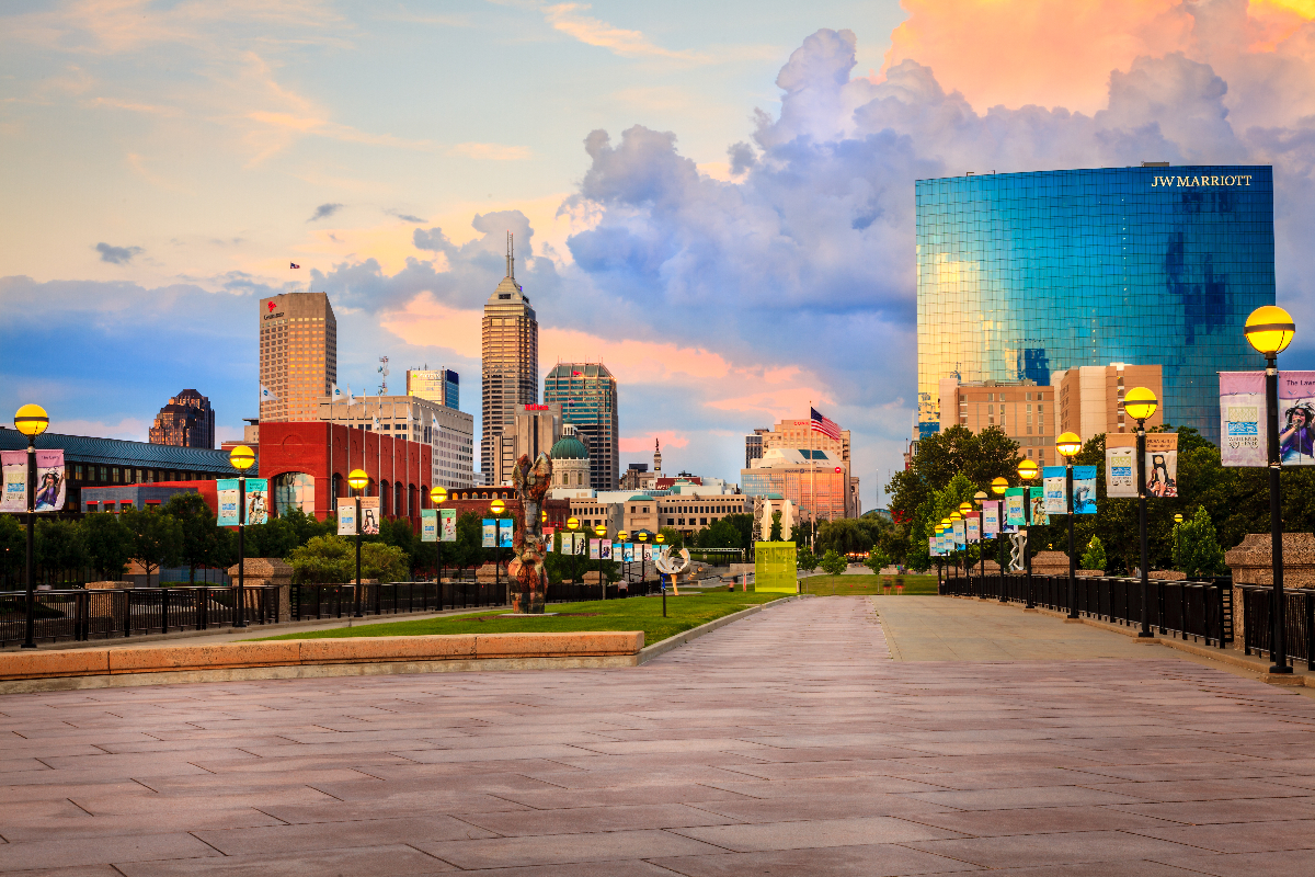 Indianapolis downtown as seen from the pedestrian bridge across White River. JW Marriott building is the newest addition to the city skyline - 2014