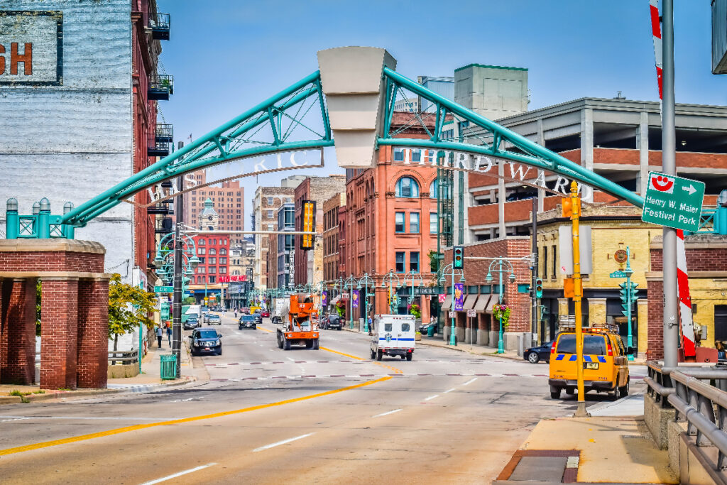 Milwaukee, WI - August 15, 2018: The Historic Third Ward is home to Milwaukee's thriving arts and fashion district.