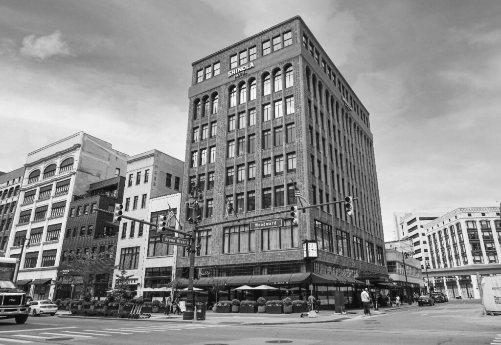 Detroit, MI USA - June, 2022 Shinola Hotel on Woodward Avenue in the downtown of Detroit Michigan