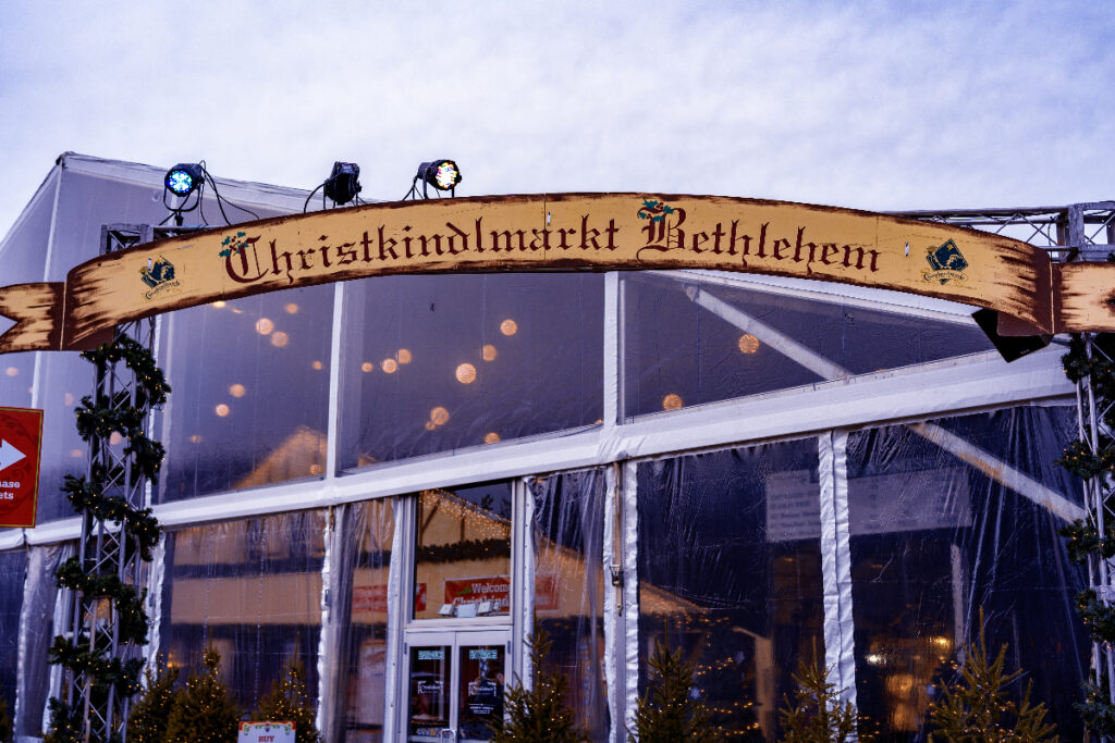 Bethlehem, PA, USA - December 9, 2018: A sign at the Christkindlmarket, which is a Christmas market held at Steel Stacks, a 10-acre campus with venues that hosts festivals, concerts & events.