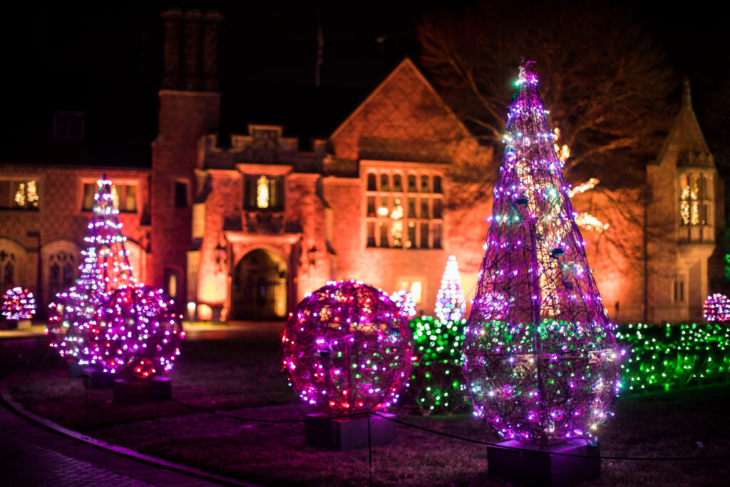 exterior Christmas light display at Meadow Brook Hall in Rochester, MI