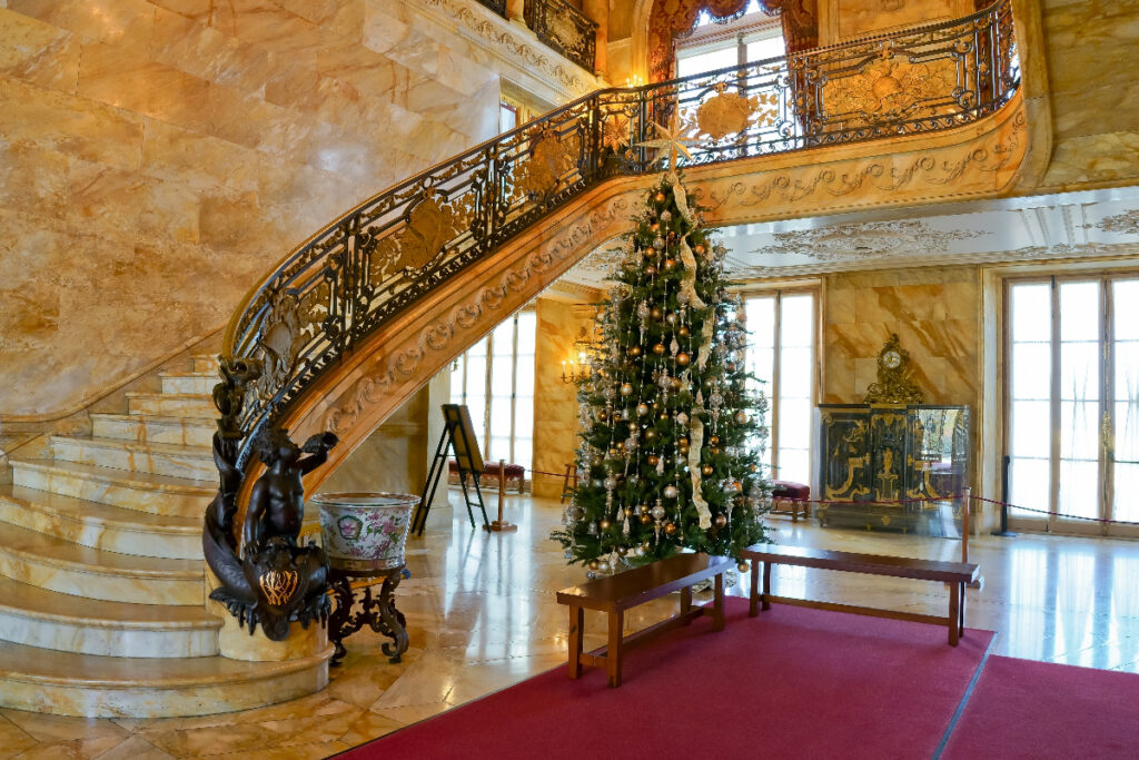 Newport, Rhode Island-November 7, 2022: staircase and hallway of gilded Marble house