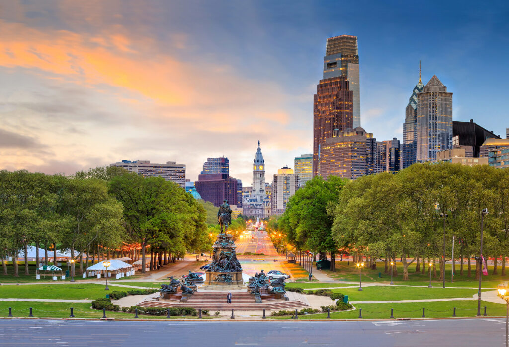 Beautiful philadelphia skyline at sunset in USA