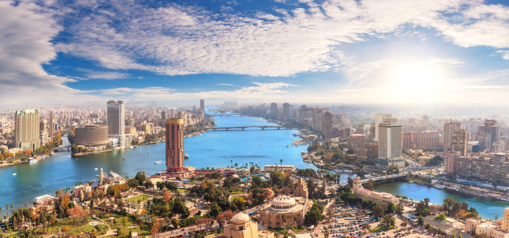 Skyline over the Nile in Cairo, aerial view, Egypt
