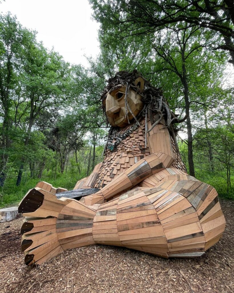 Malin's Fountain - a Thomas Dambo troll in Pease Park, Austin, TX