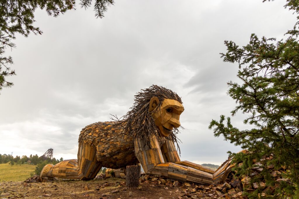 Victor, Colorado - August 27, 2023: Thomas Dambo's 'Rita, the Rock Planter' sculpture unveiled on the Little Grouse Mountain Overlook