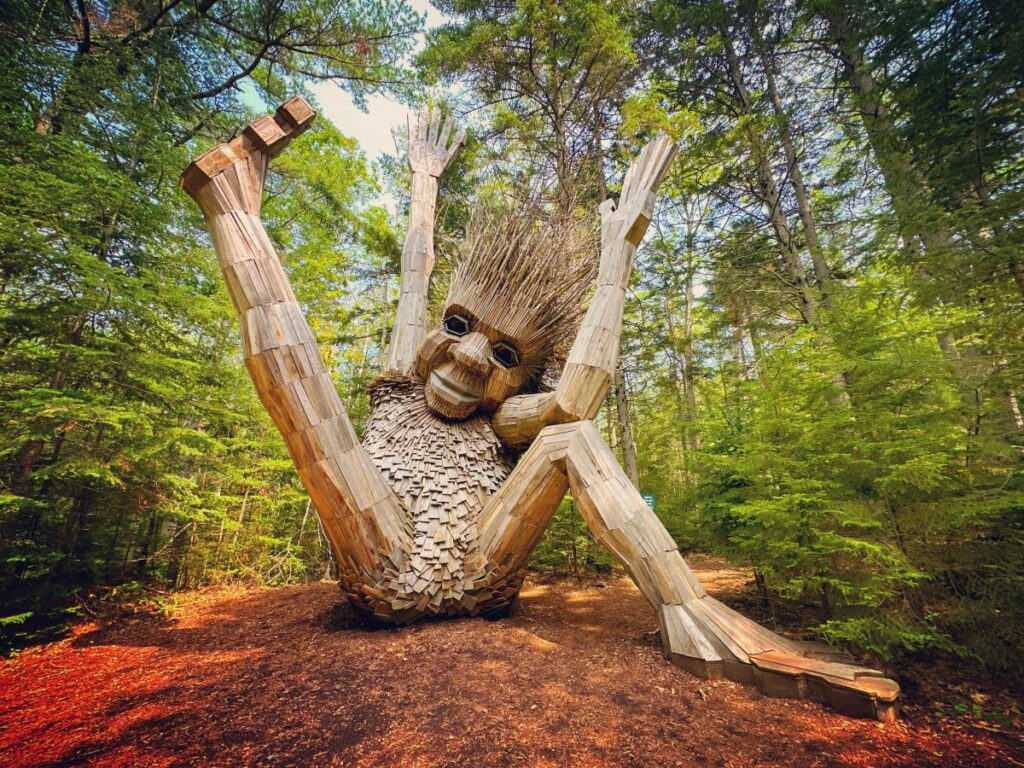 Boothbay, Maine - July 12,2023 : Famous Giant Wooden Trolls at Coastal Maine Botanical Gardens in Boothbay, Maine USA DAmbo
