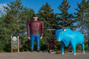 August-20-2020. USA, Minnesota, Bemidji. Paul Bunyan and Babe the Blue Ox.