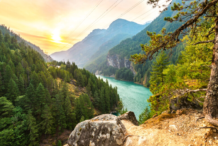 scene over Gorge dam when sunrise in the early morning in North Cascade national park,Wa,Usa