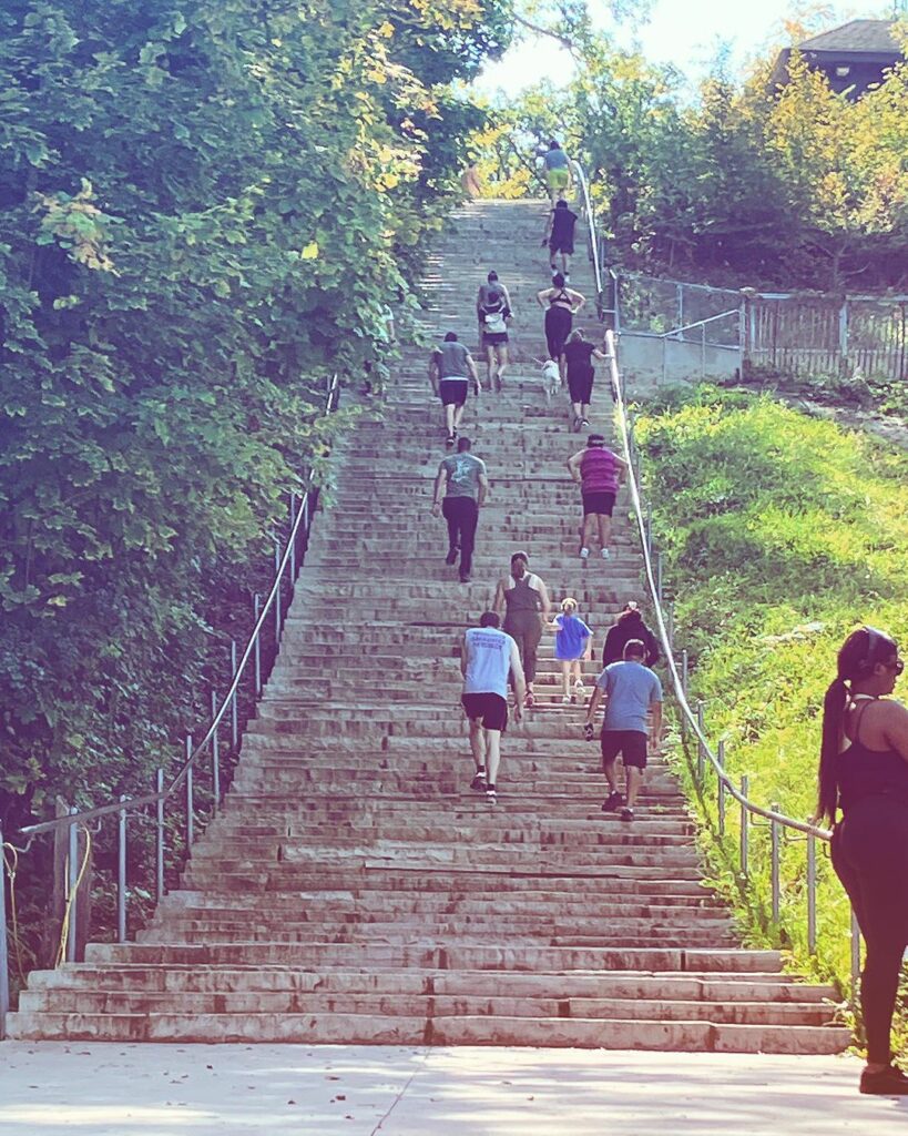 climbing the stairs at Swallow Cliff Woods near Chicago Illinois